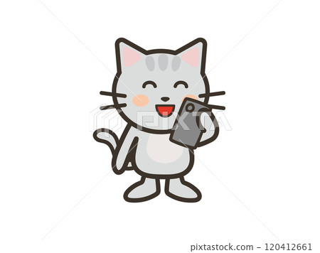 Illustration of a cute cat looking at a smartphone with a happy smile 120412661