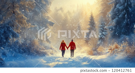 Couple Enjoying Winter Wonderland in Forest 120412761