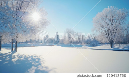 Snowy Forest Path Under a Frosty Sky 120412768