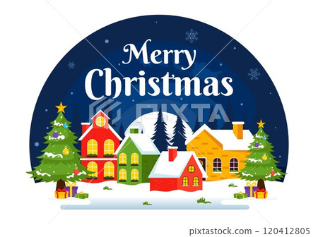 Merry Christmas Celebration Vector Illustration with Santa Claus, Bubble Ball, Gift Box, Surprise Gifts, Trees, and Snow in a Flat Cartoon Background 120412805