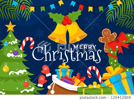 Merry Christmas Celebration Vector Illustration with Santa Claus, Bubble Ball, Gift Box, Surprise Gifts, Trees, and Snow in a Flat Cartoon Background 120412809
