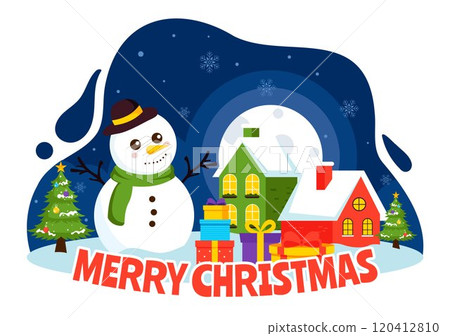 Merry Christmas Celebration Vector Illustration with Santa Claus, Bubble Ball, Gift Box, Surprise Gifts, Trees, and Snow in a Flat Cartoon Background 120412810