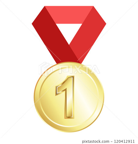 Gold medal for first place and red ribbon 120412911