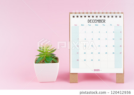 Desk calendar for December 2025 with plant pot. 120412936