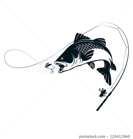 Fish jumping for bait and fishing rod silhouette Fish jumping for bait and fishing rod silhouette 120412960
