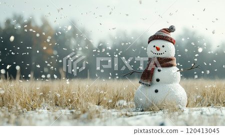 Festive Snowman in a Snowy Winter Landscape 120413045