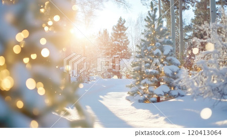 Serene Winter Scene with Snow-Capped Trees 120413064