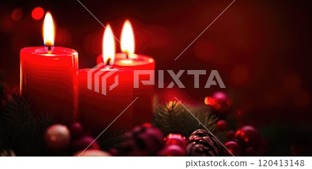 Holiday Candlelight Against Red Backdrop Holiday Candlelight Against Red Backdrop 120413148