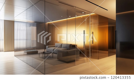 Modern interior with glass walls and windows 120413355