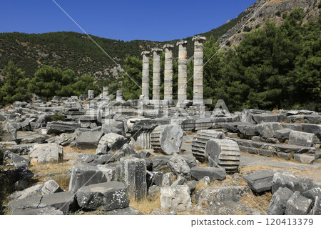 Image of historical ruins, columns, ancient theater and temples in the ancient city of Priene. Image of historical ruins, columns, ancient theater and temples in the ancient city of Priene. 120413379