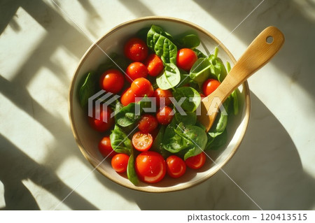 Fresh Cherry Tomatoes and Spinach in Bowl 120413515