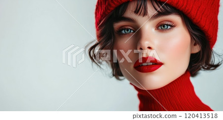 Festive Young Woman Smiling in Red Outfit for Christmas 120413518