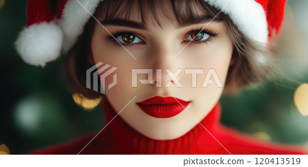 Beautiful Woman Wearing Red Turtleneck and Christmas Hat 120413519