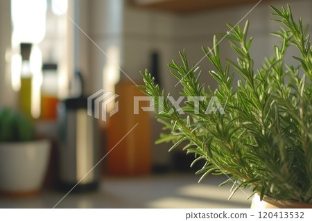 Green rosemary sprig with soft kitchen background 120413532