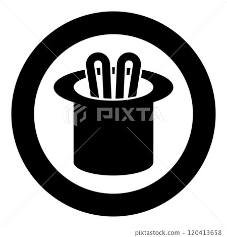 Hare ears in wizard's hat wizard conjure cylinder bunny rabbit appearing trick concept icon in circle round black color vector illustration image solid outline style 120413658
