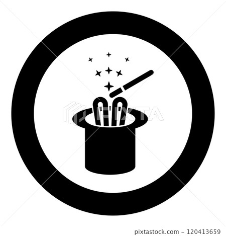 Hare ears in wizard's hat magic wand wizard conjure cylinder bunny rabbit appearing trick concept icon in circle round black color vector illustration image solid outline style 120413659