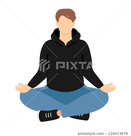 Faceless man in casual clothes sitting in lotus pose. Abstract meditating male. Boy doing yoga. Vector illustration 120413676