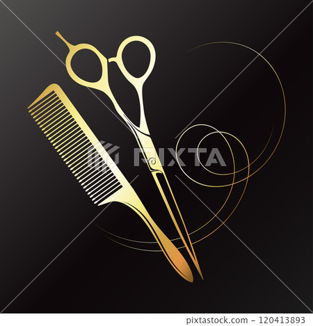 Golden scissors comb and beautiful curl of hair design Golden scissors comb and beautiful curl of hair design 120413893