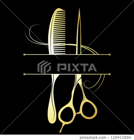 Golden scissors comb and curl of hair, beauty salon banner sign 120413894