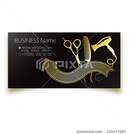 Golden scissors comb and hair dryer, unique business card of a beauty salon Golden scissors comb and hair dryer, unique business card of a beauty salon 120413895