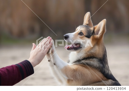 Joyful corgi excitedly high-fives human hand 120413934