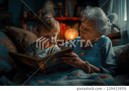 Grandmother reading a bedtime story to her little grandson along with a teddy bear 120413959
