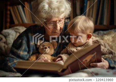 Grandmother reading a bedtime story to her little grandson along with a teddy bear 120413960