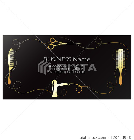 Golden hair dryer scissors comb, beauty salon business card 120413968