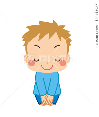 一個可愛的小男孩坐直鞠躬的插圖,白色背景,向量剪貼畫 一個可愛的小男孩坐直鞠躬的插圖,白色背景,向量剪貼畫 120413987