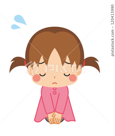Illustration of a cute little girl apologizing while sitting upright, full body, white background, vector Illustration of a cute little girl apologizing while sitting upright, full body, white background, vector 120413990