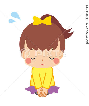 Illustration of a cute little girl apologizing while sitting upright, full body, white background, vector Illustration of a cute little girl apologizing while sitting upright, full body, white background, vector 120413991