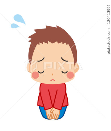 Illustration of a cute little boy apologizing while sitting upright, full body, white background, vector 120413995