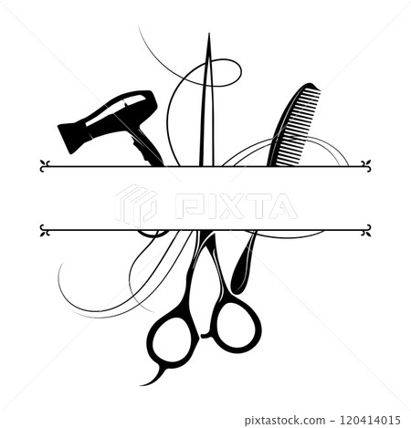 Hair dryer comb scissors and hair curl, beauty salon banner sign 120414015