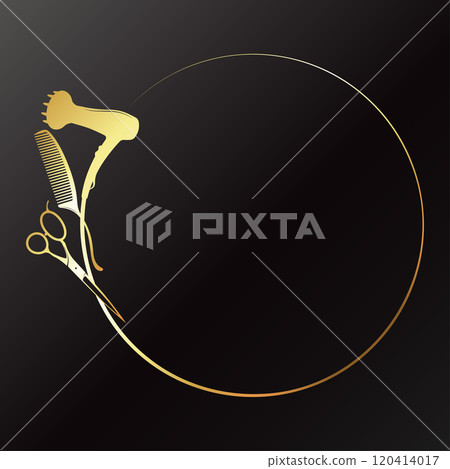 Hair dryer scissors comb in a circle, gold design for a beauty salon 120414017