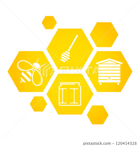 Honeycomb symbol with bee hive jar of honey Honeycomb symbol with bee hive jar of honey 120414328