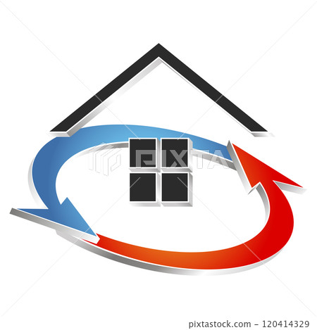 House and red blue arrows, air conditioner symbol 120414329