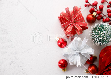 Red and white gift boxes on white marble background. Christmas New year concept. Selective focus. 120414594