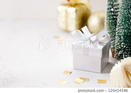 white gift box on white marble background. Christmas New year concept. Selective focus. 120414596