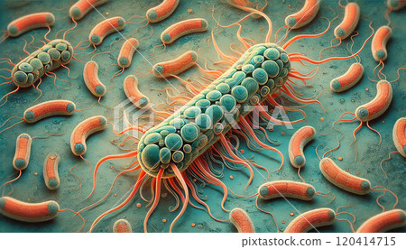 Bacteria with flagella under microscope, generative ai illustration Bacteria with flagella under microscope, generative ai illustration 120414715