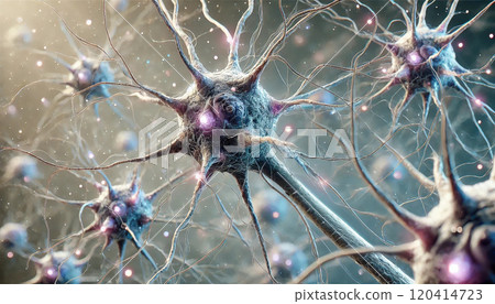 Generative AI illustration of neurons affected by dementia, showing destruction, synaptic loss, and brain function impairment. 120414723