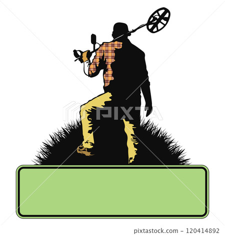 Man with a metal detector stands on the grass, design for metal and treasure searching Man with a metal detector stands on the grass, design for metal and treasure searching 120414892