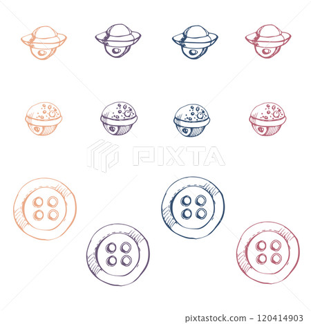 Plastic wooden flat round buttons fasteners. Hand drawn ink vector illustration sewing craft supplies. Multicolor set of objects isolated on white. Design atelier, tailor, hobby shop, fashion boutique Plastic wooden flat round buttons fasteners. Hand drawn ink vector illustration sewing craft supplies. Multicolor set of objects isolated on white. Design atelier, tailor, hobby shop, fashion boutique 120414903