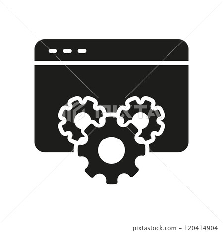 Web Browser with Gear for Online Configuration and Settings Silhouette Icon. Internet Browser and Cog Sign for Website Maintenance and Support. Isolated Vector Illustration Web Browser with Gear for Online Configuration and Settings Silhouette Icon. Internet Browser and Cog Sign for Website Maintenance and Support. Isolated Vector Illustration 120414904