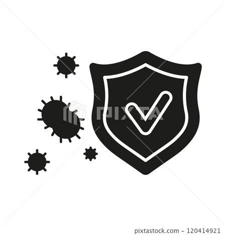 Shield With Checkmark Silhouette Icon. Protection Against Viruses And Pathogens Glyph Pictogram. Isolated Vector Illustration Shield With Checkmark Silhouette Icon. Protection Against Viruses And Pathogens Glyph Pictogram. Isolated Vector Illustration 120414921