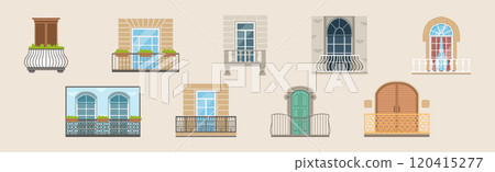 Balcony with Windows Front View and Exterior Vector Set Balcony with Windows Front View and Exterior Vector Set 120415277