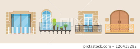 Balcony with Windows Front View and Exterior Vector Set 120415282