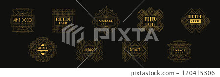 Retro Vintage Style Party Golden Label and Insignia on Black Background Vector Set Retro Vintage Style Party Golden Label and Insignia on Black Background Vector Set 120415306