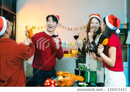 drinks and conversation, social gathering and get together at Merry Christmas young people. 120415421