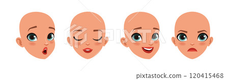 Teen Bald Girl Face Head with Different Emotion Vector Set 120415468