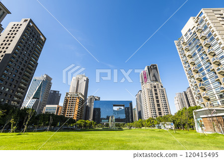 View of the park and surrounding modern buildings in front of Taichung City Council, Taiwan. View of the park and surrounding modern buildings in front of Taichung City Council, Taiwan. 120415495